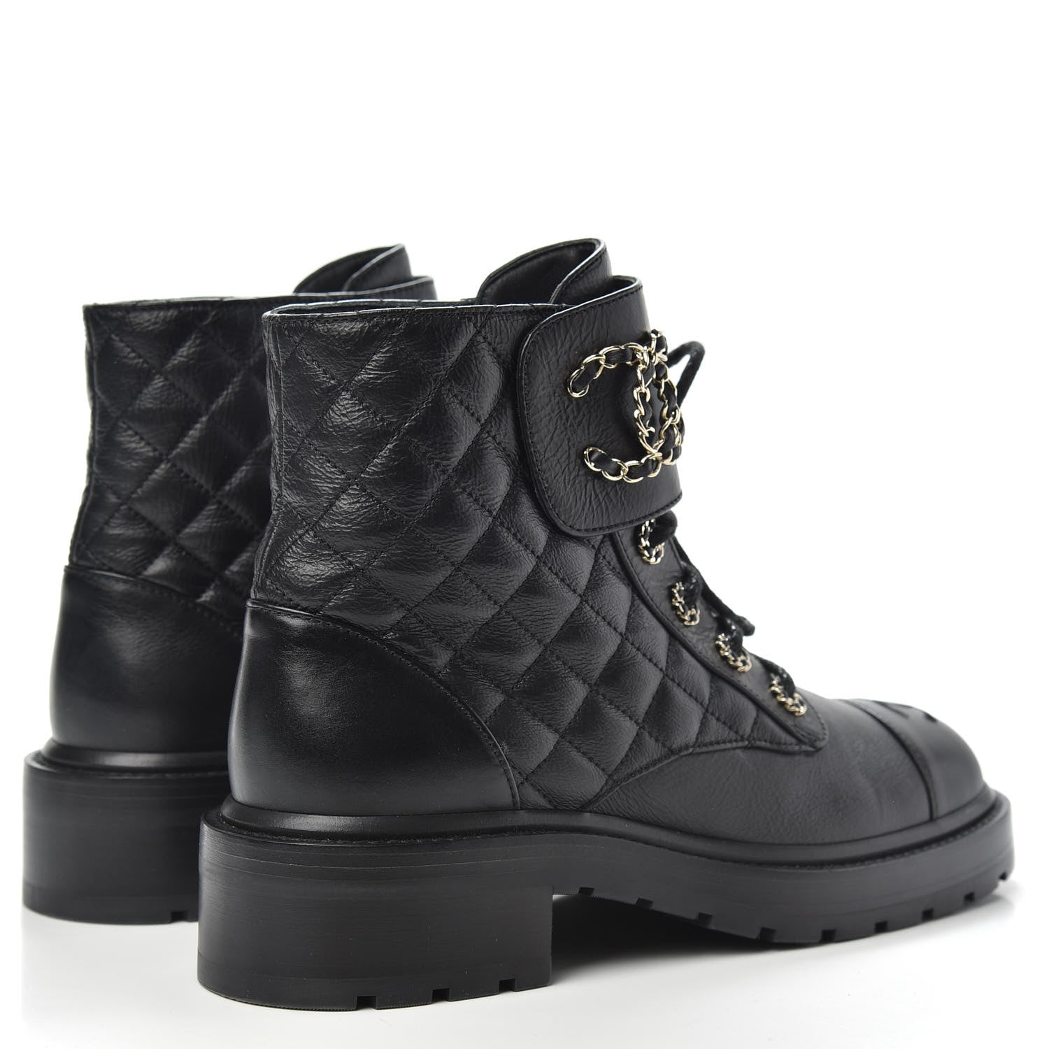 Chanel Shiny Goatskin Calfskin Quilted Lace Up Combat Boots 39 Black 4 of 9