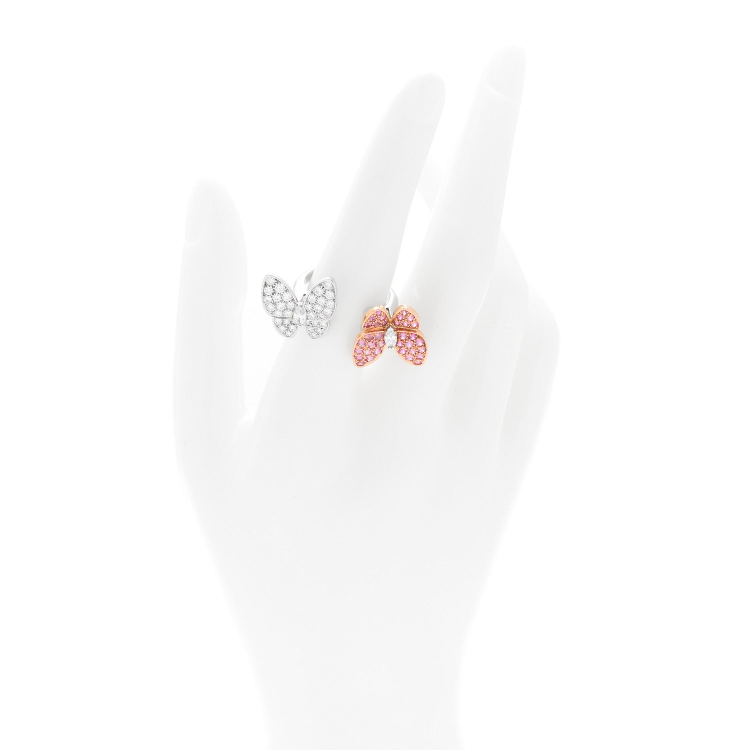 Van Cleef & Arpels 18K White Rose Gold Diamond Pink Sapphire Two Butterfly Between The Finger Ring 55 7.25 2 of 4