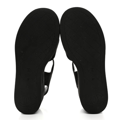 Chanel Suede Calfskin Peep Toe Wedge Sandals 37 Black 5 of 8