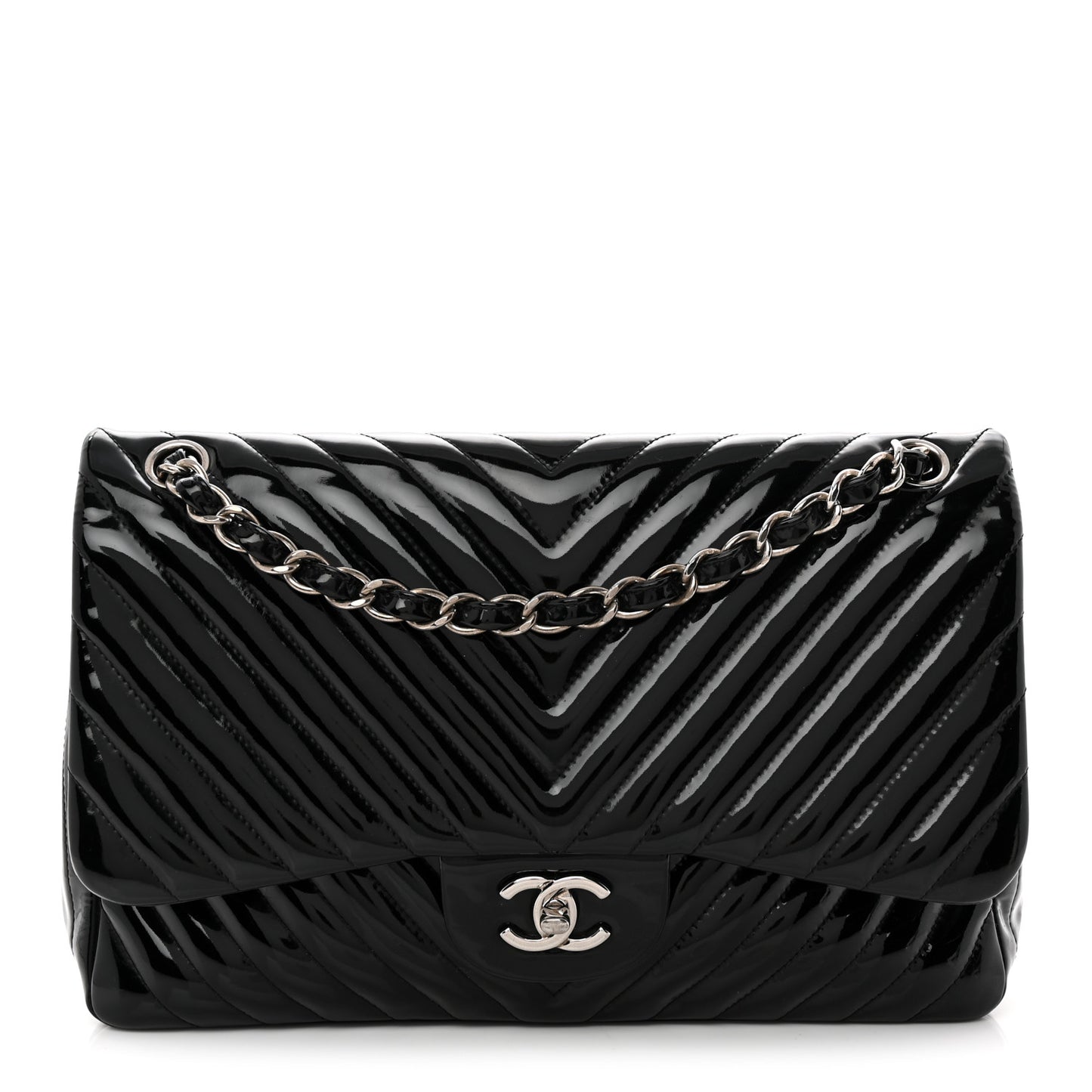 Patent Chevron Quilted Jumbo Double Flap Black