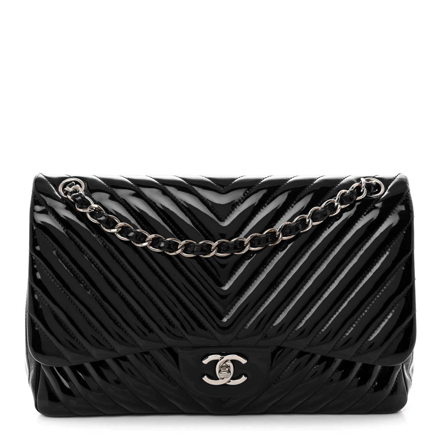 Chanel Patent Chevron Quilted Jumbo Double Flap Black 1 of 11