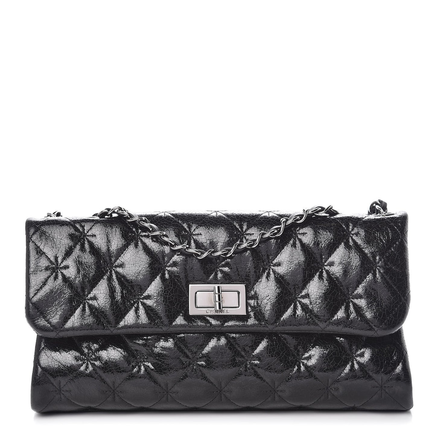 Glazed Crackled Calfskin Quilted Mademoiselle Flap Black