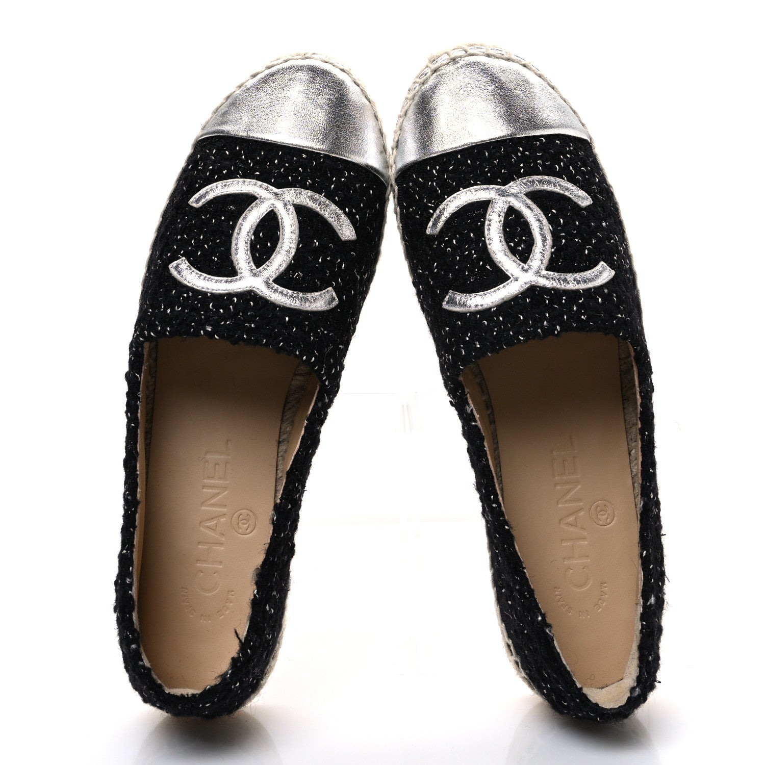 Chanel Laminated Lambskin Tweed CC Espadrilles 37 Black White Silver 2 of 11