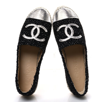 Chanel Laminated Lambskin Tweed CC Espadrilles 37 Black White Silver 2 of 11