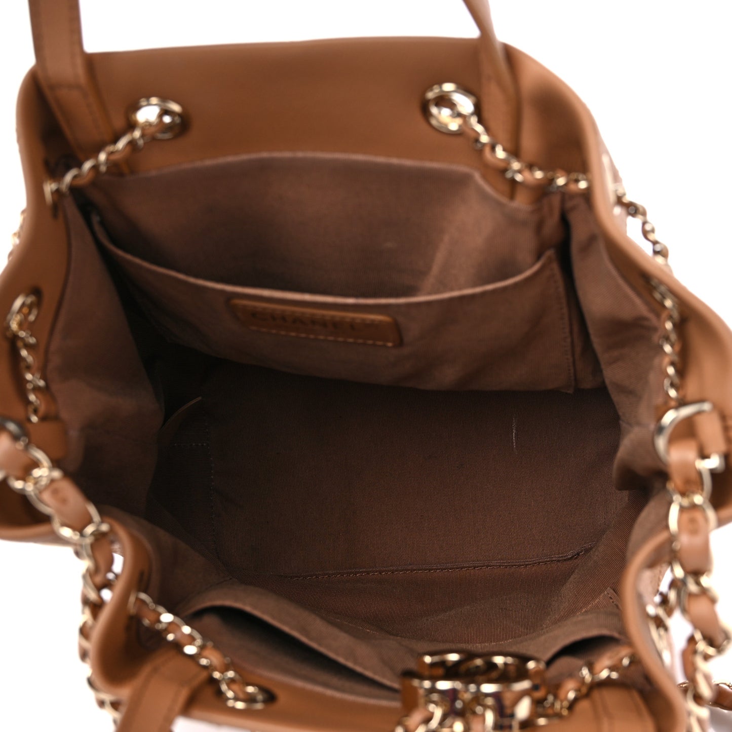 Calfskin Stitched Chain Top Handle Bucket Bag Light Brown