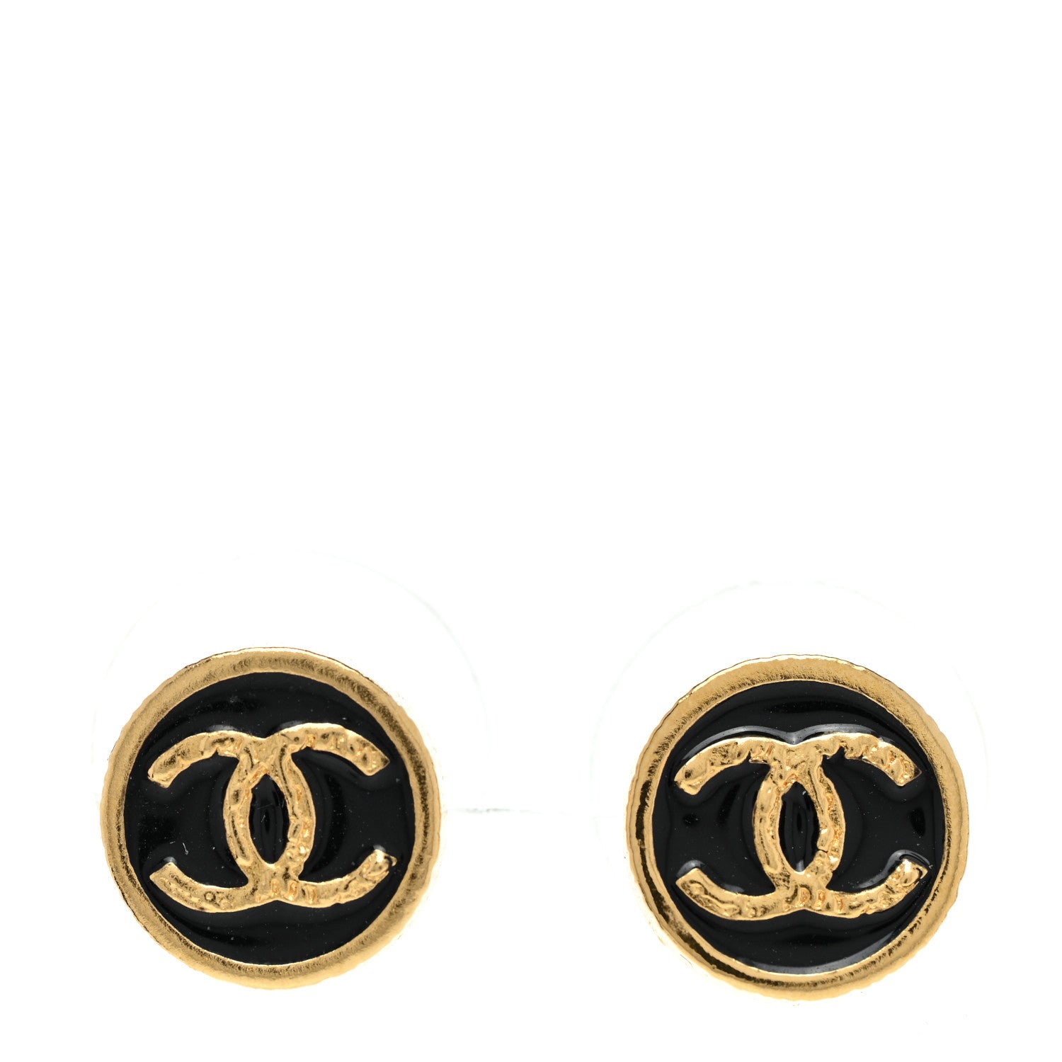 Chanel Resin CC Round Earrings Gold Black 1 of 5