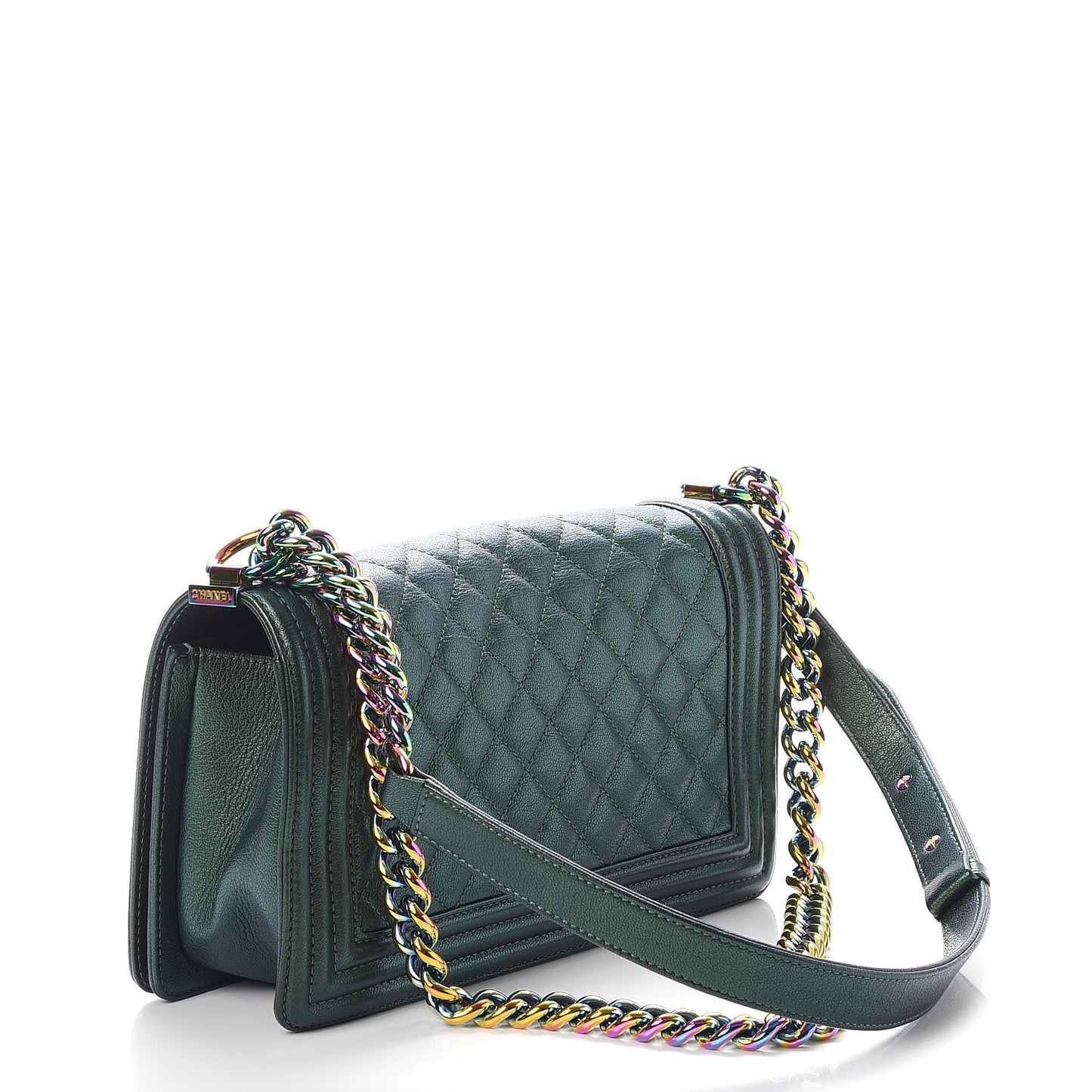 Iridescent Goatskin Quilted Medium Boy Flap Green