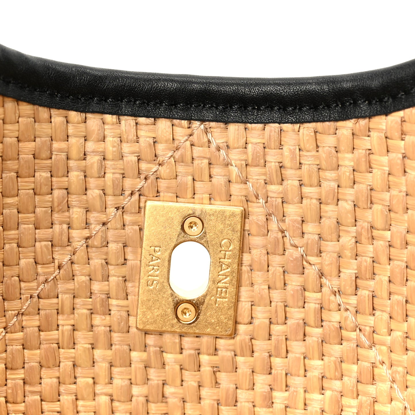 Braided Raffia Stitched Small Shopping Bag Dark Beige Black