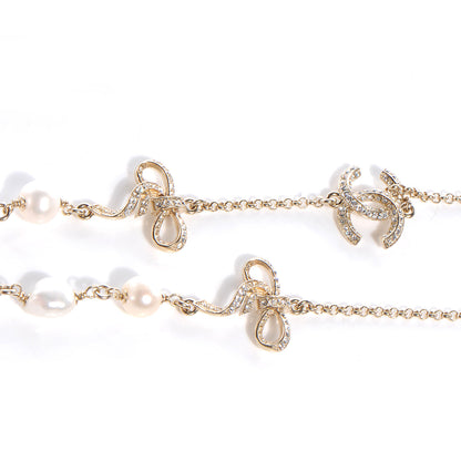 Chanel Pearl Crystal CC Ribbon Necklace Gold 4 of 5