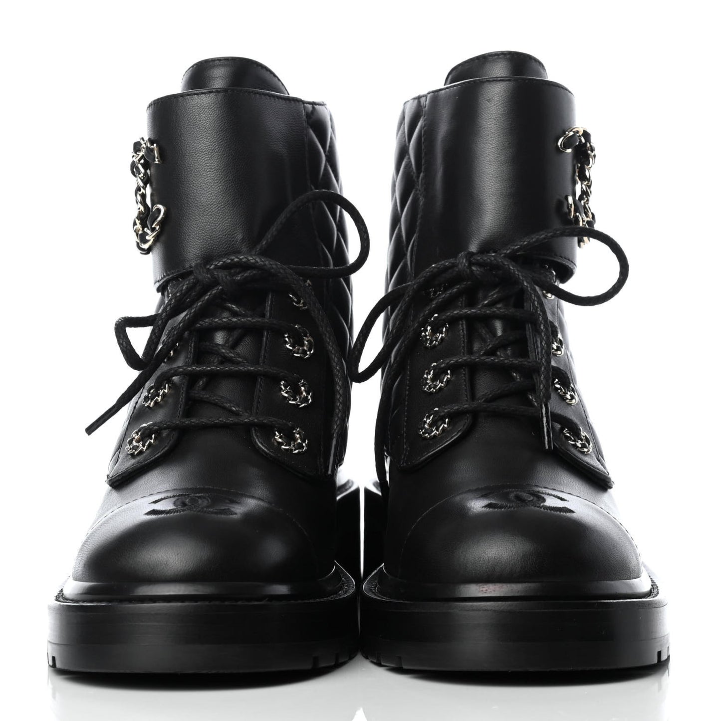 Shiny Lambskin Quilted Lace Up Combat Boots 38.5 Black