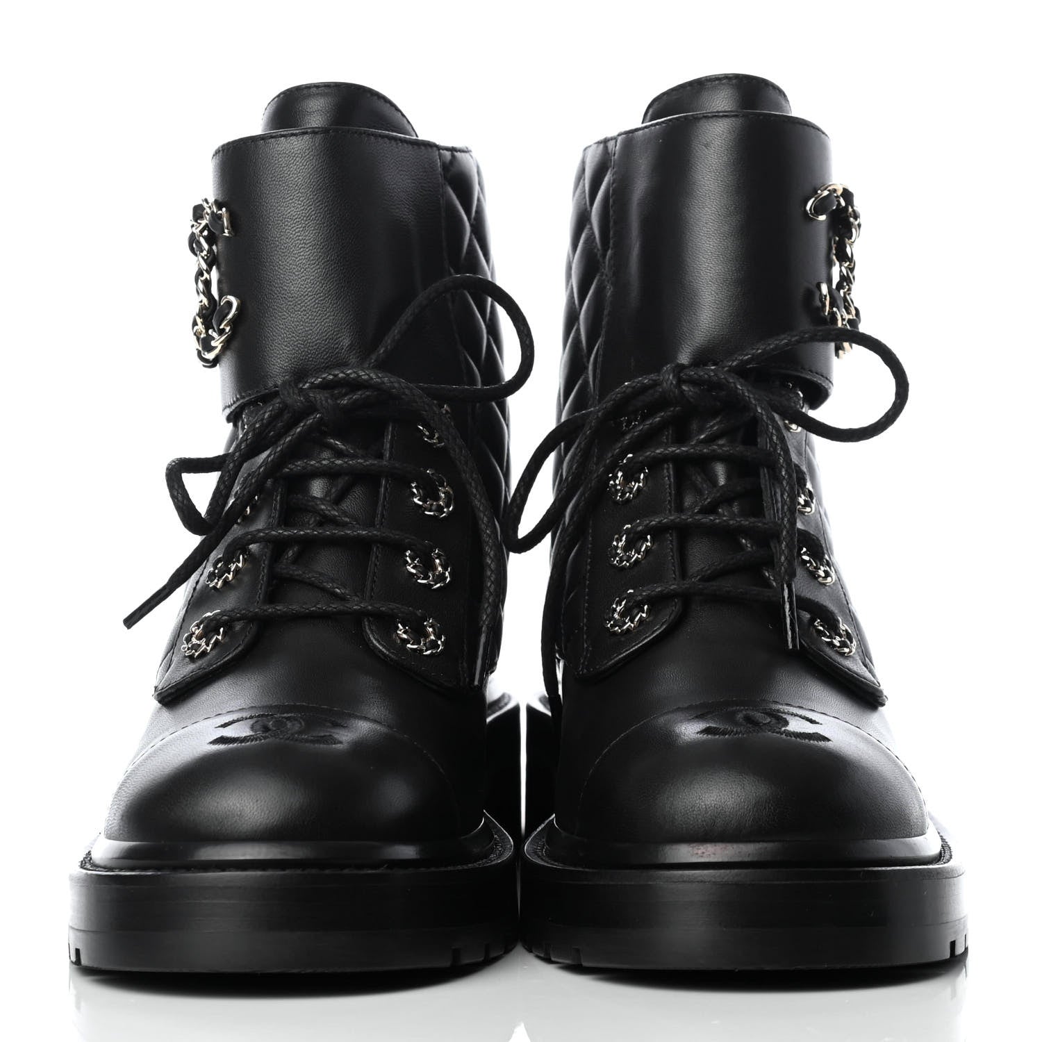 Chanel Shiny Lambskin Quilted Lace Up Combat Boots 38.5 Black 4 of 22