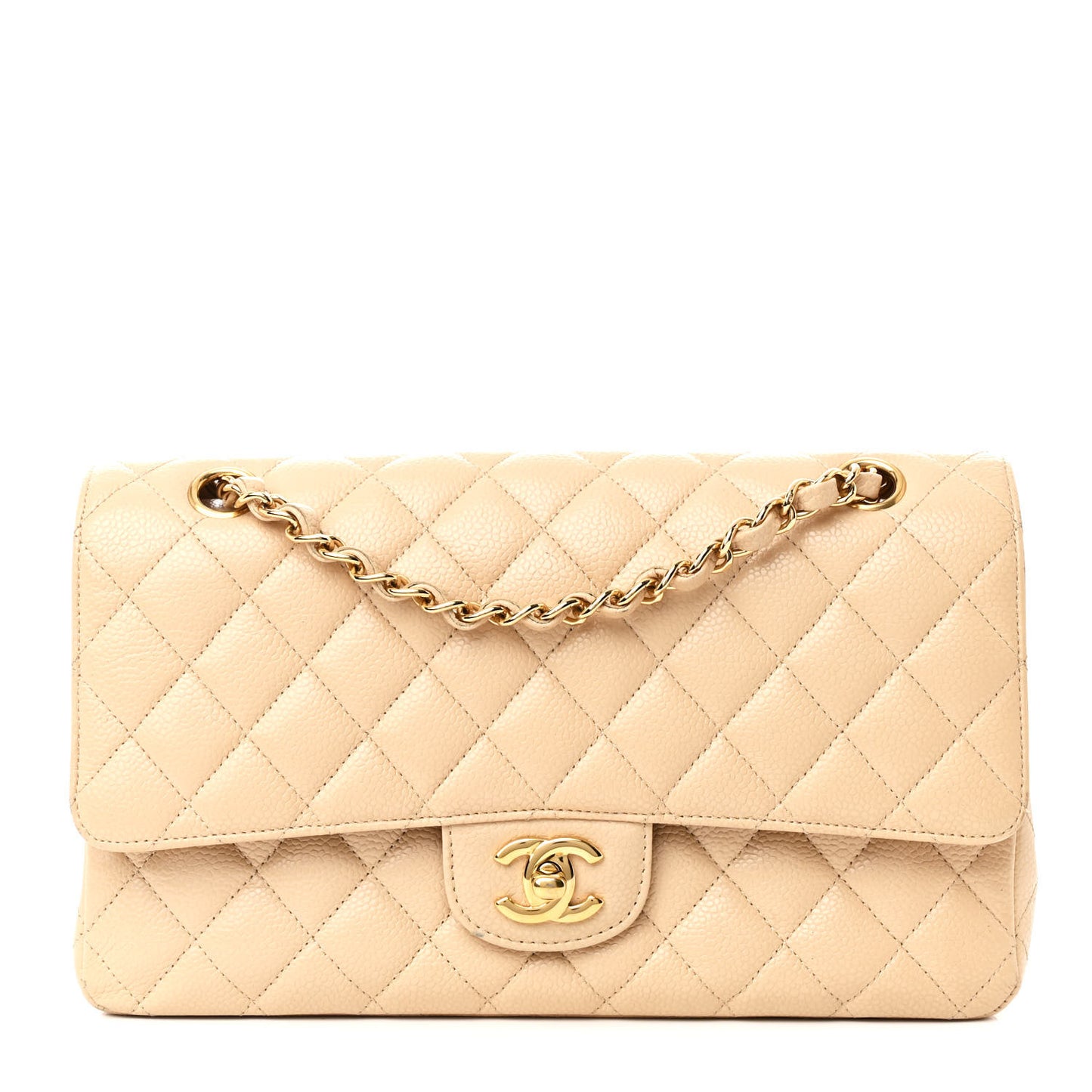 Caviar Quilted Medium Double Flap Beige