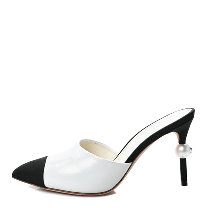 Chanel Patent Lambskin Grosgrain Cap Toe Pearl Mule 36 Ecru Black 1 of 9