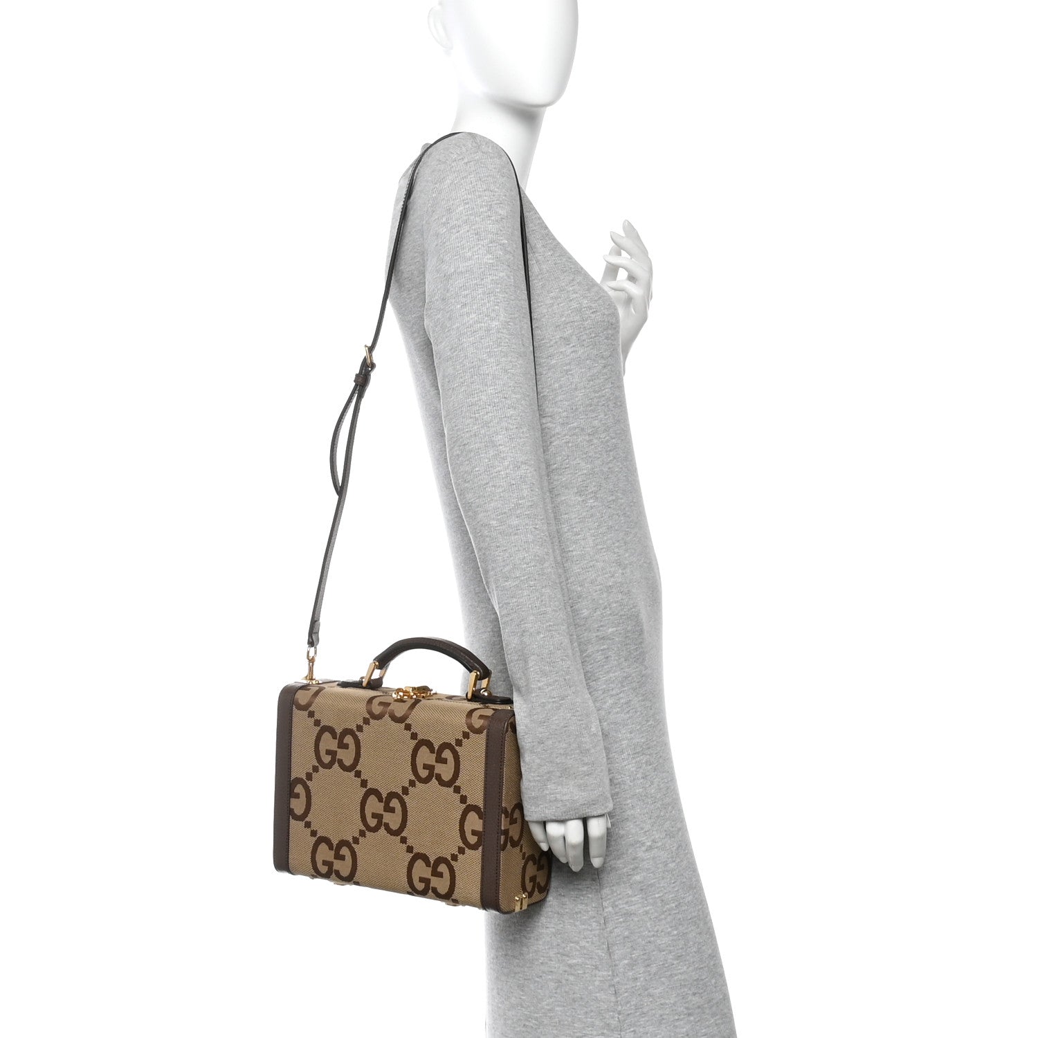 Gucci Monogram Jumbo GG Textured Dollar Calfskin Top Handle Beauty Case Camel Ebony New Acero 2 of 9