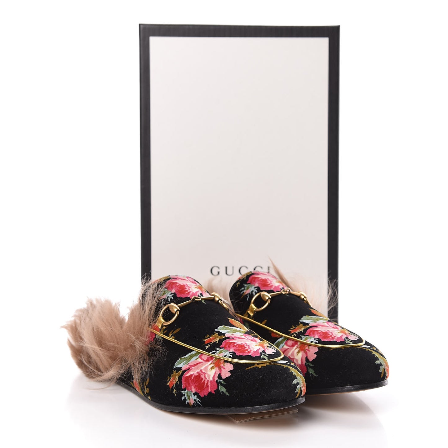 Velvet Fur Floral Womens Princetown Slippers 40 Black