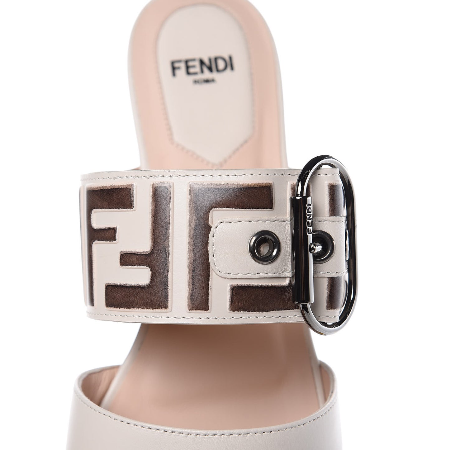 Vitello FF Embossed Buckle Flat Mules 37 Camelia Moresco