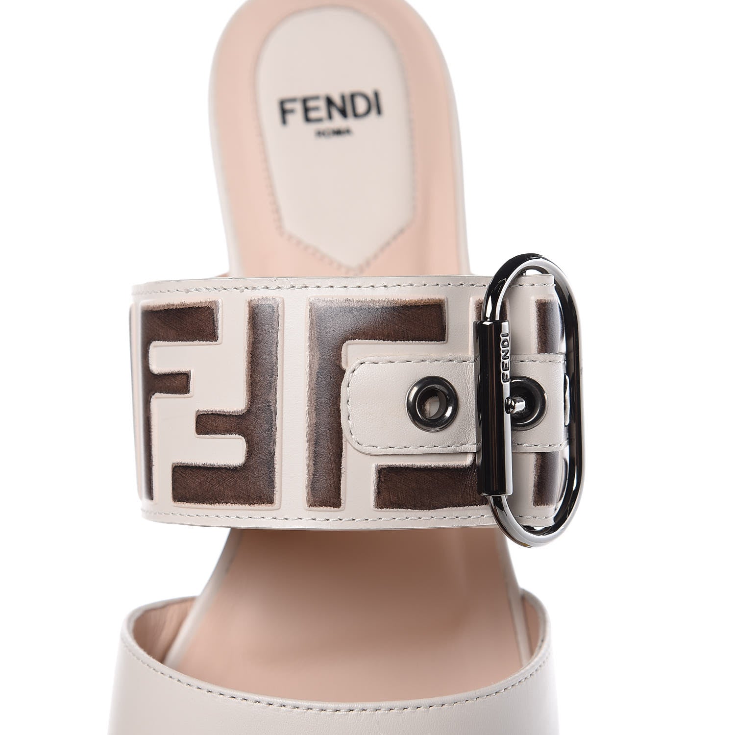 Fendi Vitello FF Embossed Buckle Flat Mules 37 Camelia Moresco 9 of 9