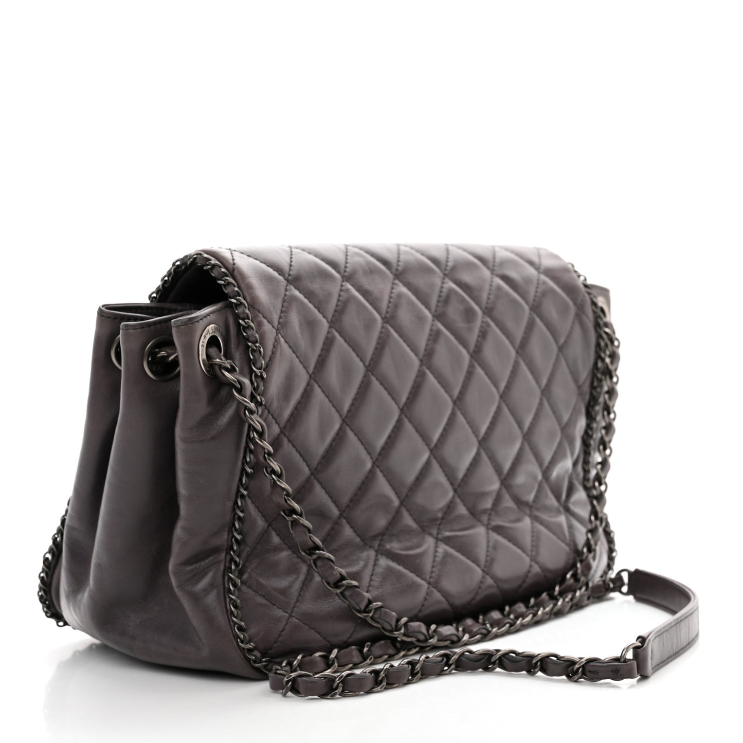 Calfskin Quilted Large CC Enchained Accordion Flap Grey