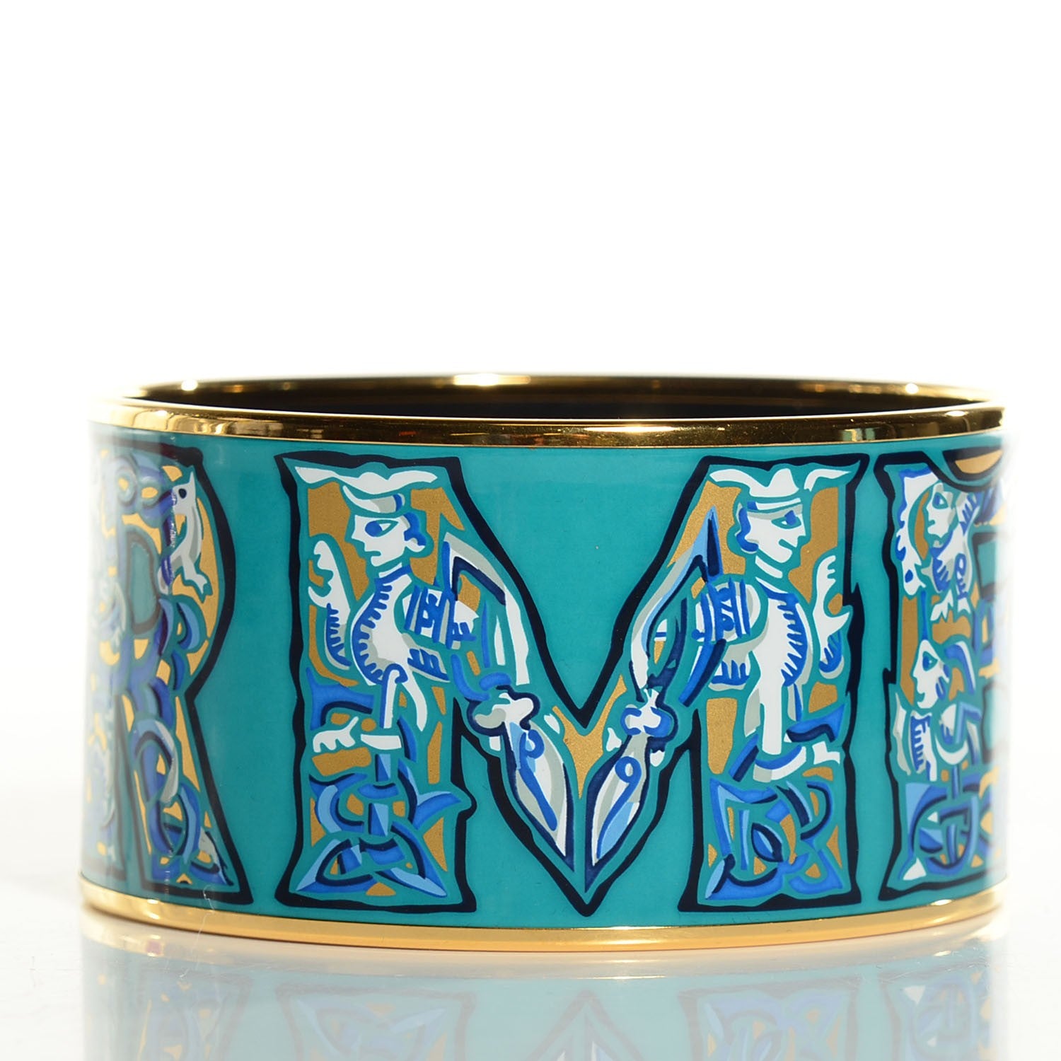 Hermes Enamel Printed Alphabet Russe Extra Wide Bracelet 70 Turquoise Bleu Kaki Jaune 3 of 6