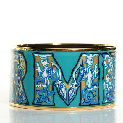 Hermes Enamel Printed Alphabet Russe Extra Wide Bracelet 70 Turquoise Bleu Kaki Jaune 3 of 6