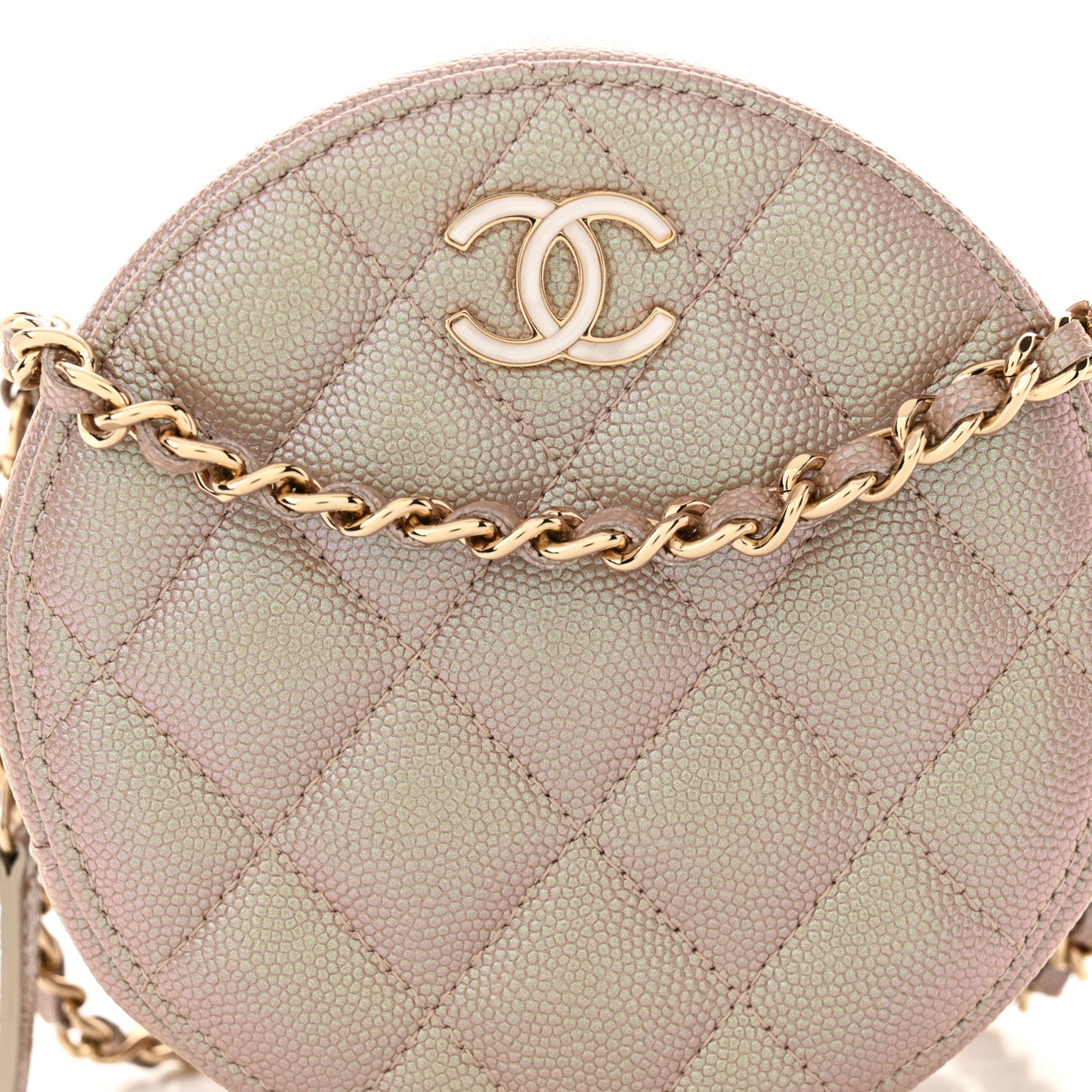 Iridescent Caviar Resin Quilted Round Clutch With Chain Beige
