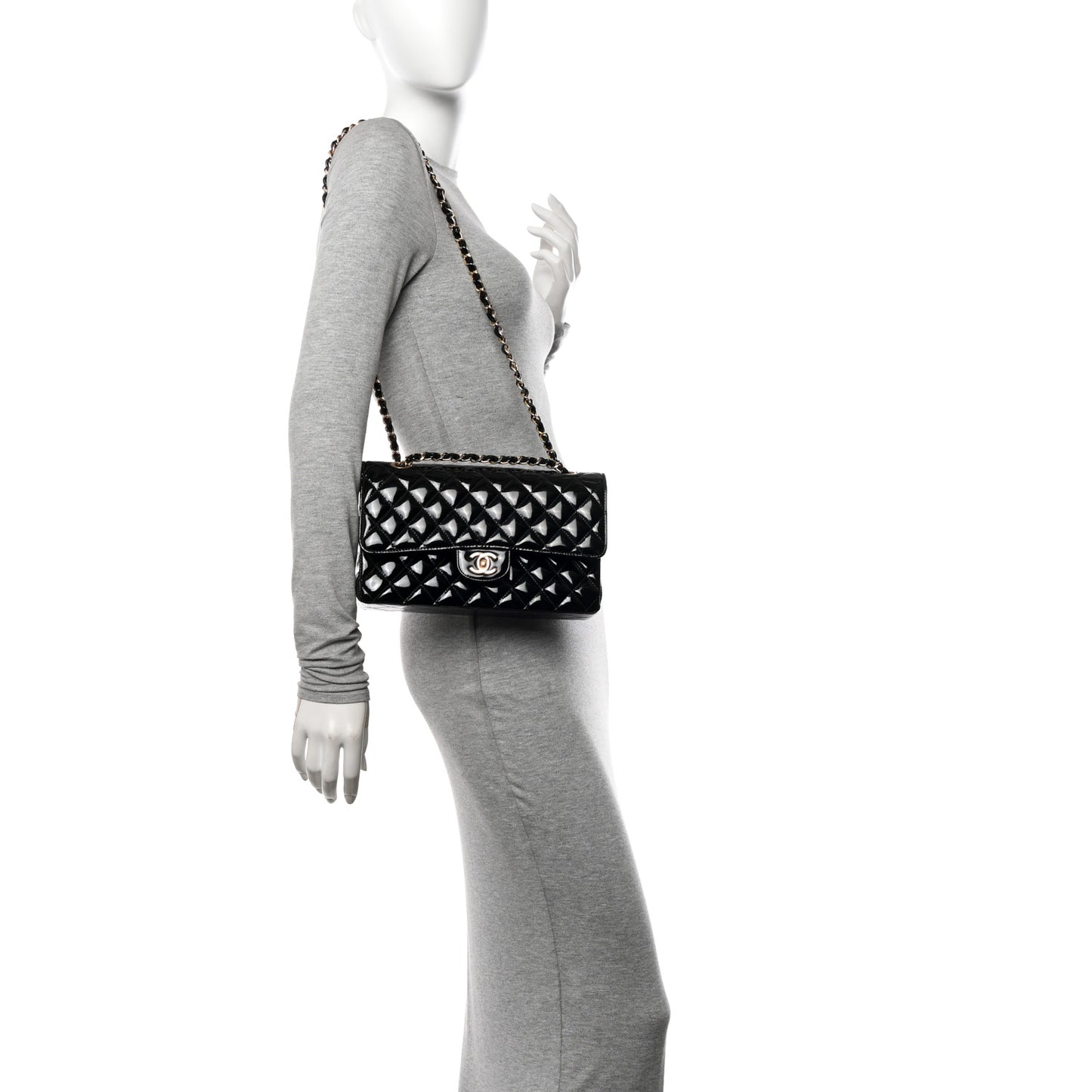 Patent Quilted Medium Double Flap Black
