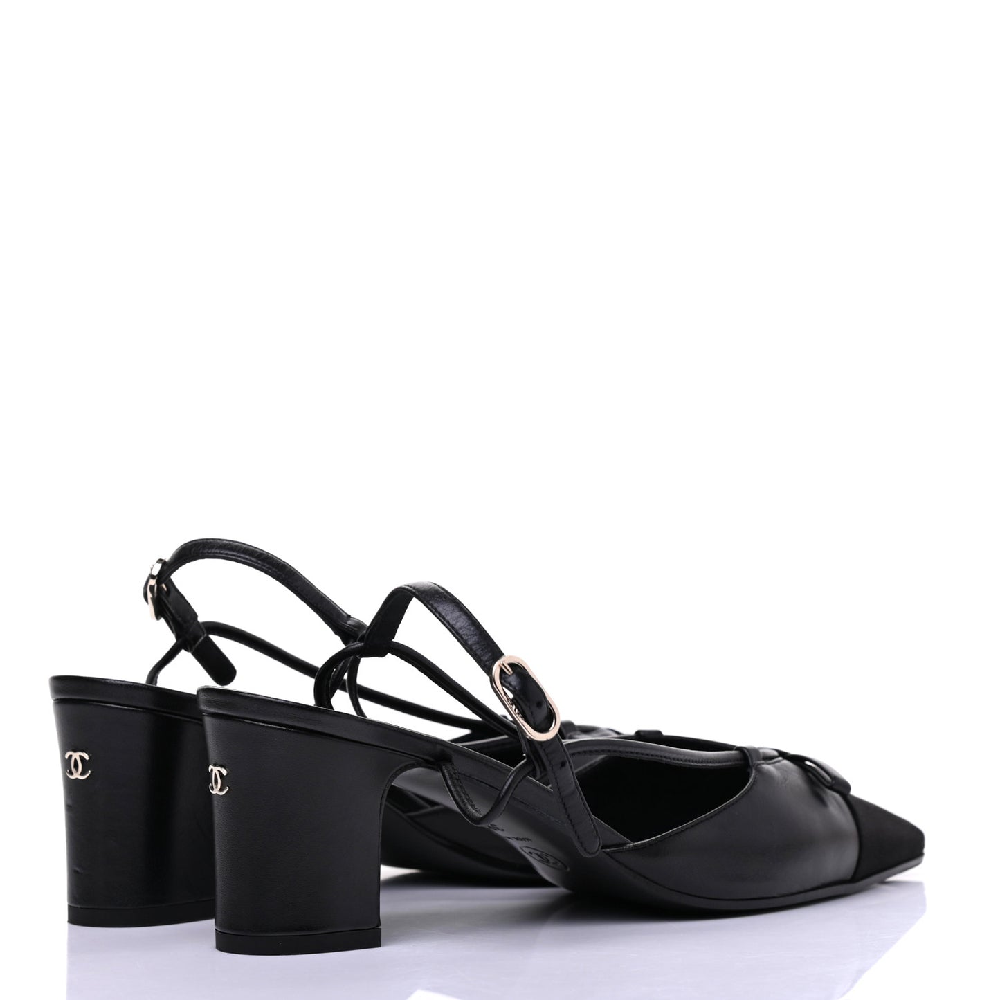 Lambskin Satin Slingback Cap Toe Bow Pumps 39.5 Black