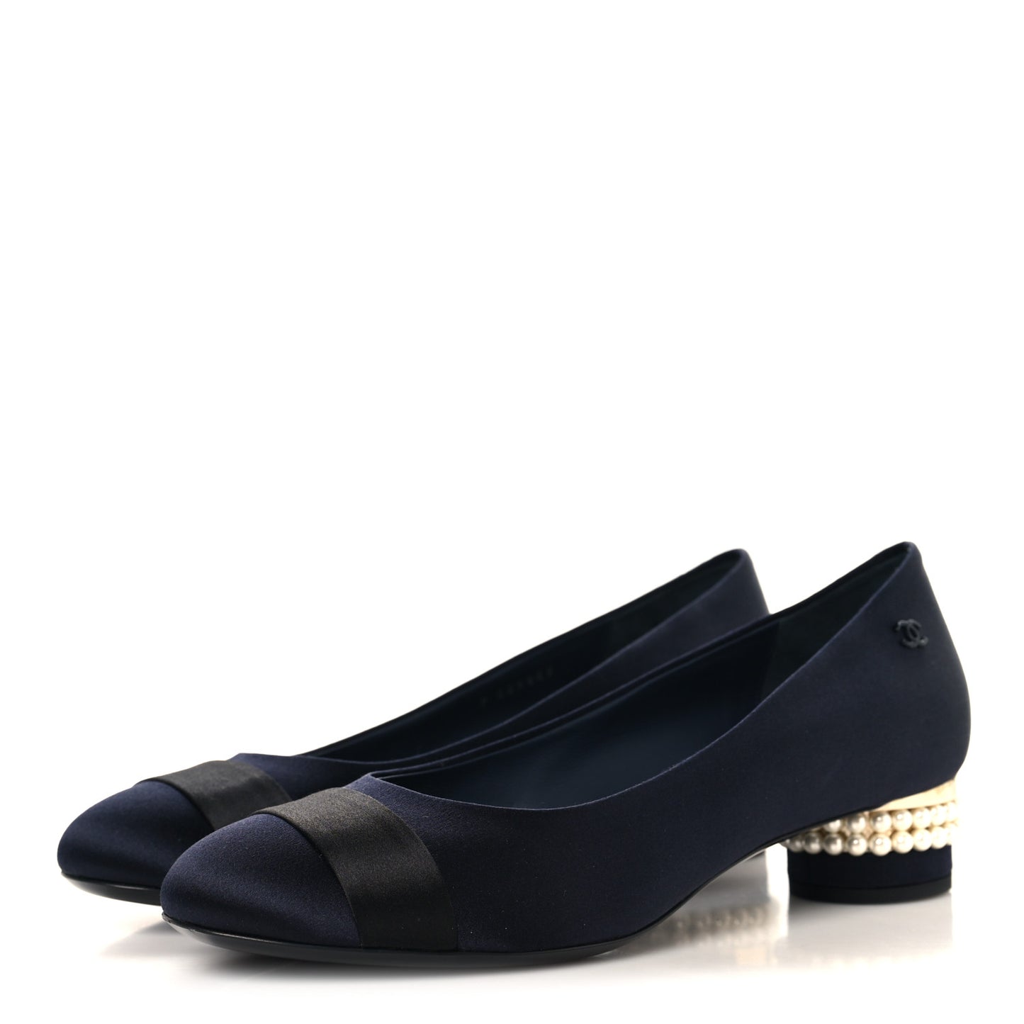 Satin Pearl Cap Toe Low Heel Pumps 38 Navy Blue Black