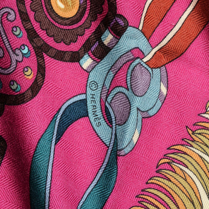 Hermes Cashmere Silk Sous L'Egide De Mars Shawl 140 Rose Vif Canard Prune 4 of 4