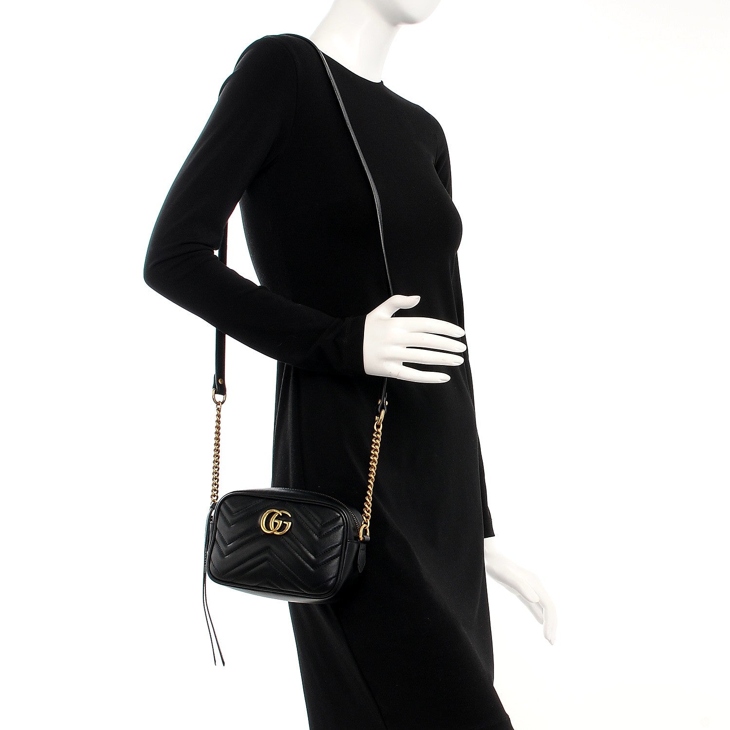 Gucci Calfskin Matelasse Mini GG Marmont Chain Shoulder Bag Black 2 of 7