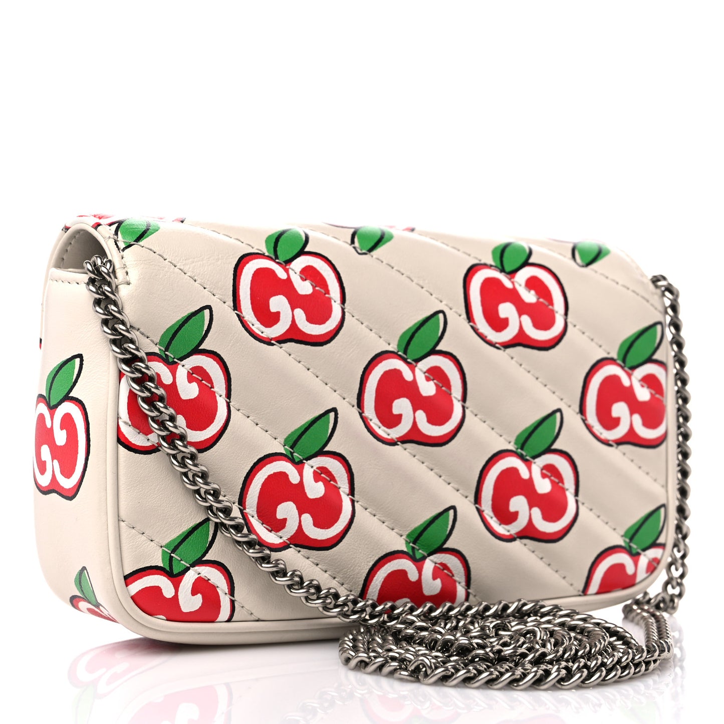 Calfskin Matelasse Diagonal GG Apple Super Mini GG Marmont Shoulder Bag Ivory