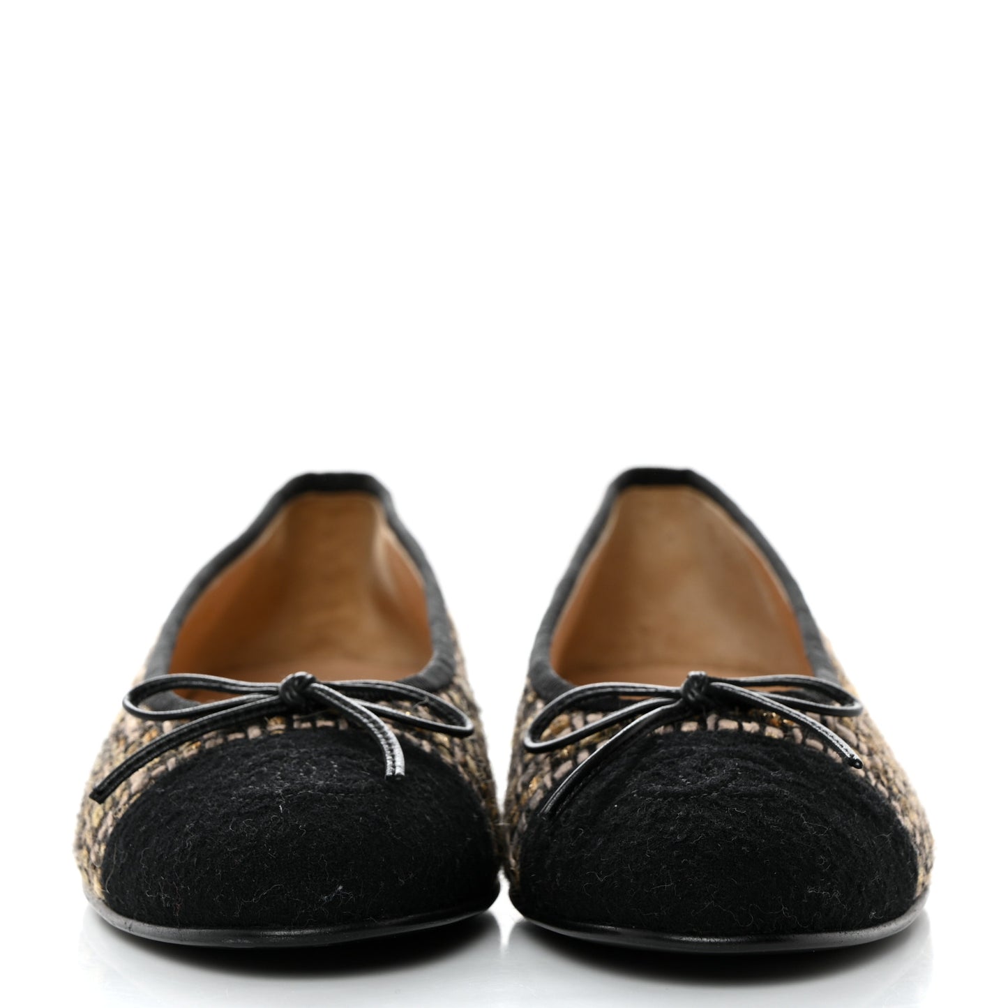 Tweed Grosgrain Cap Toe Ballerina Flats 37 Black Gold