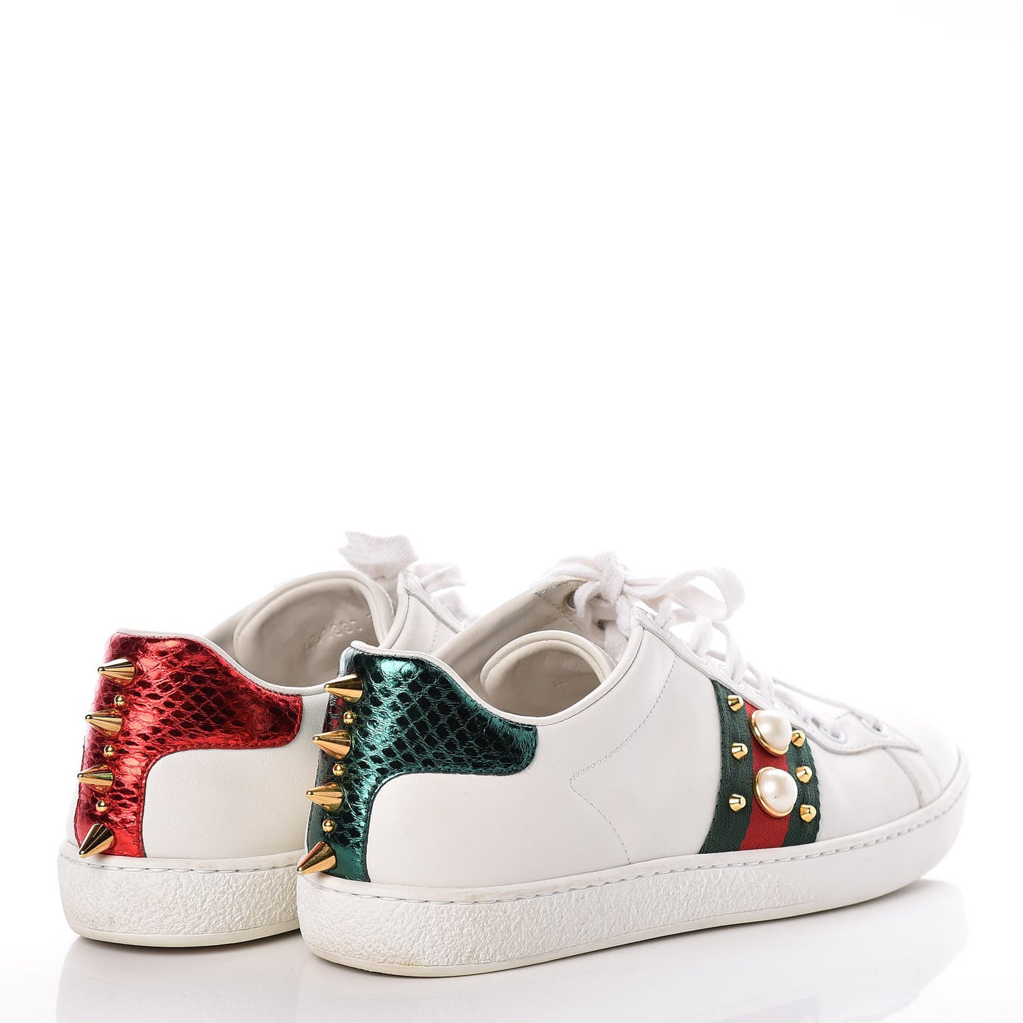 Calfskin Web Pearl Studded Ace Sneakers 36 White