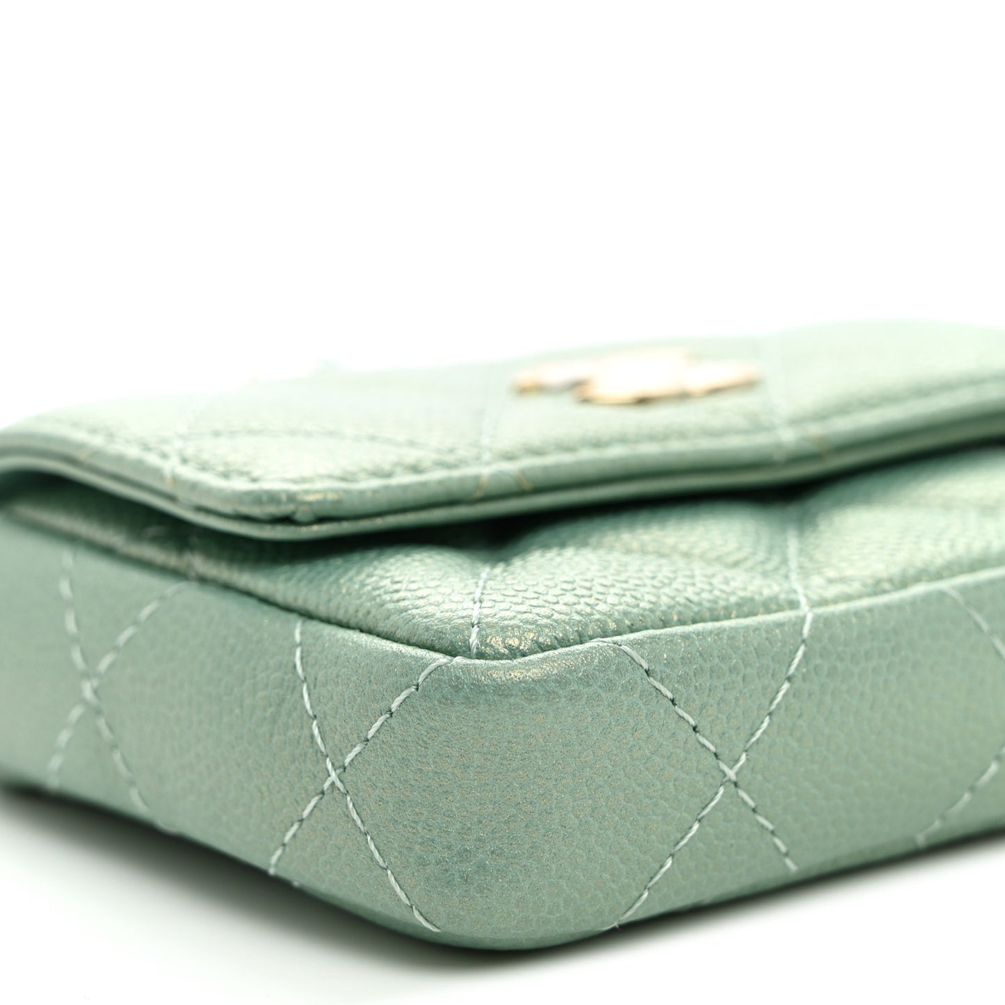 Iridescent Caviar Quilted Pearl On Top Coin Purse With Chain Light Green