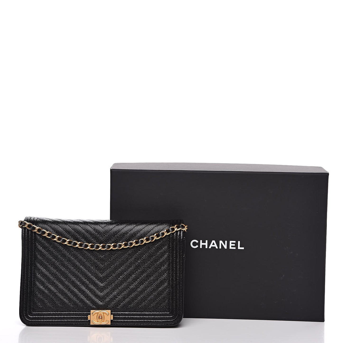 Caviar Chevron Quilted Boy Wallet On Chain WOC Black