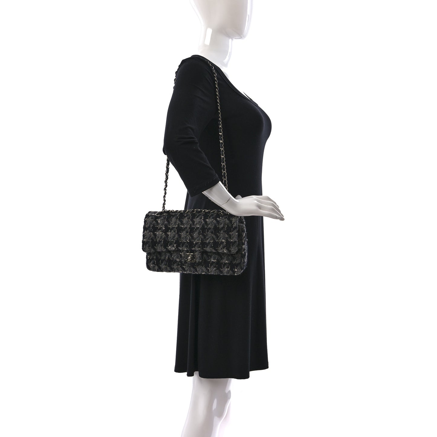 Tweed Medium Double Flap Black Grey