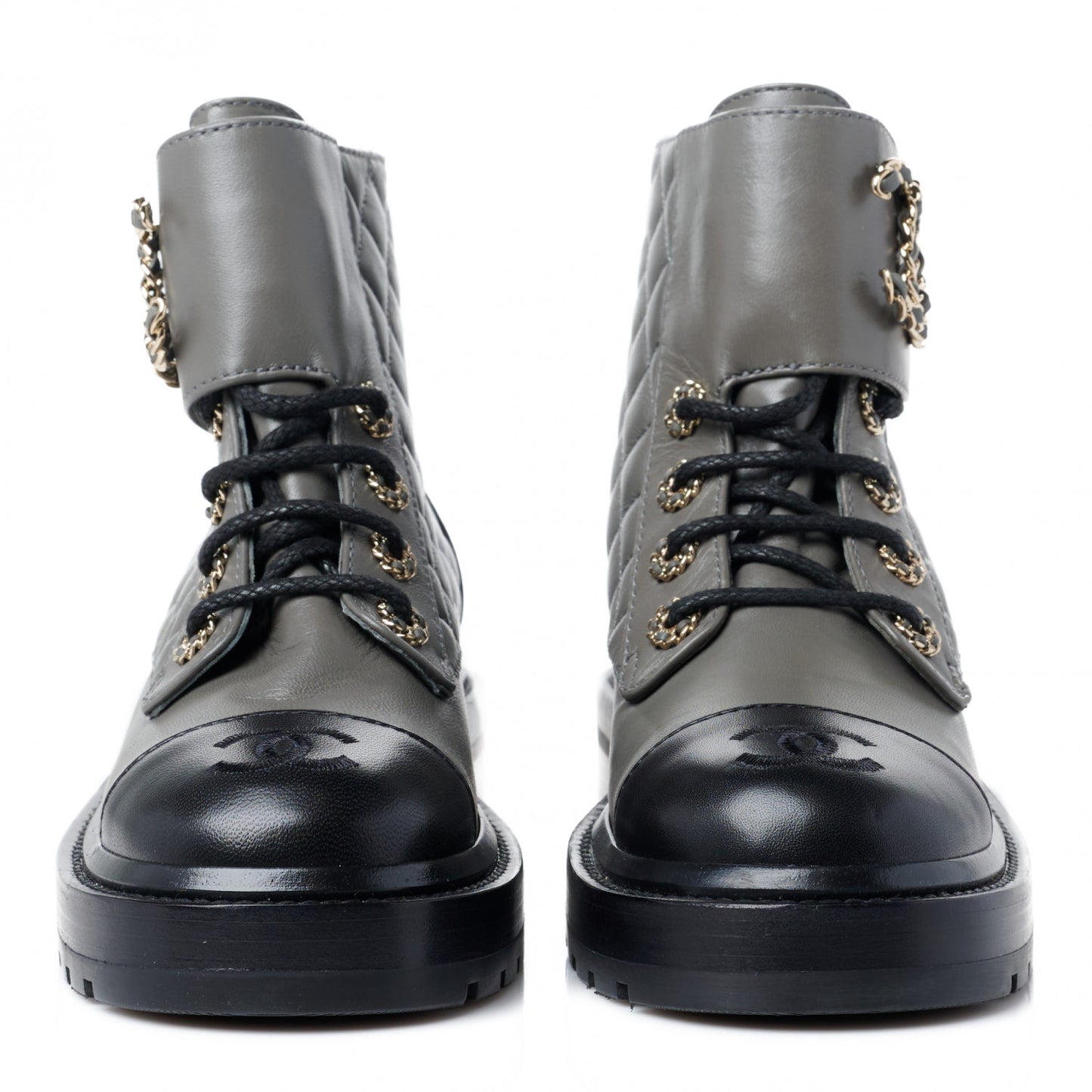 Shiny Lambskin Quilted Lace Up Combat Boots 35 Grey Black