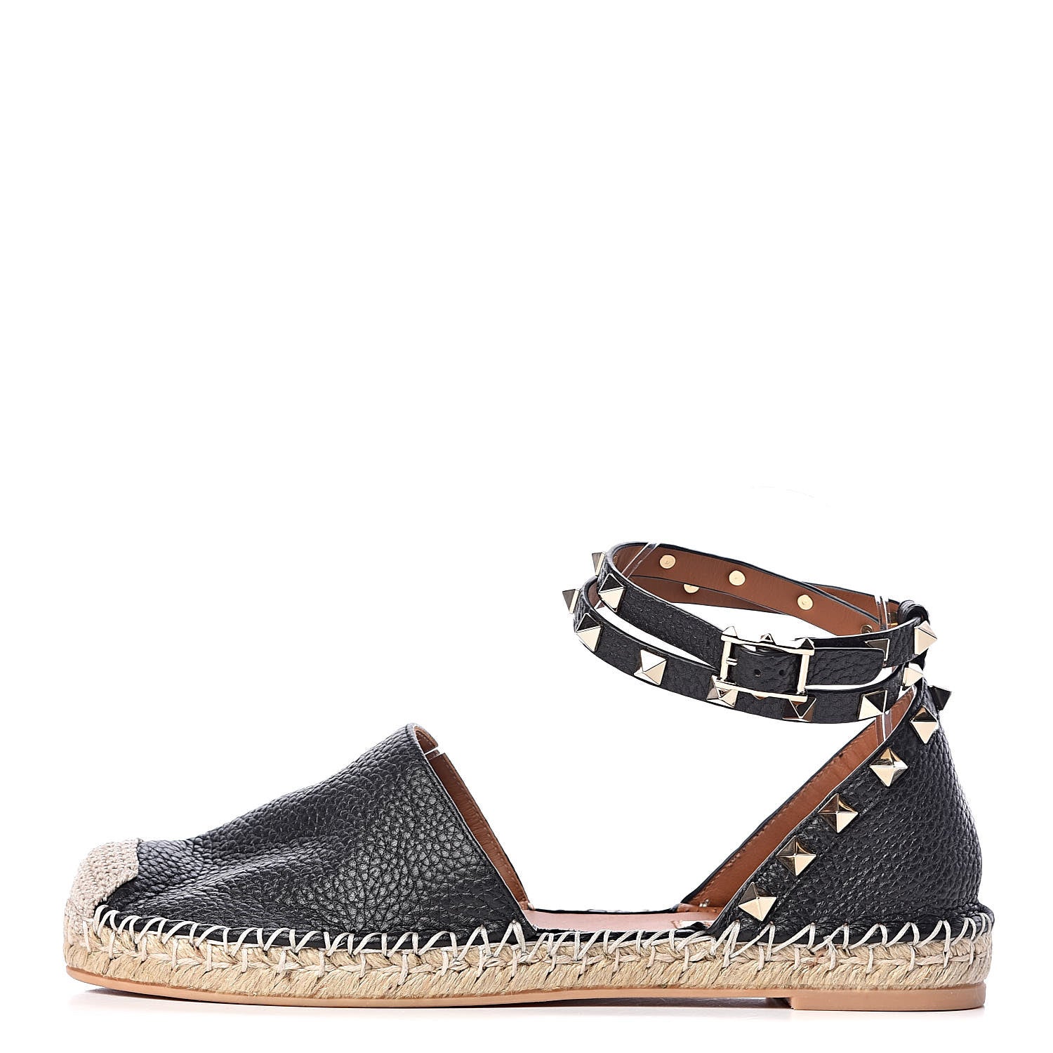 Valentino Garavani Grained Calfskin Rockstud Ankle Wrap Espadrille 20mm Flats 37 Black Light Cuir Natural 1 of 9