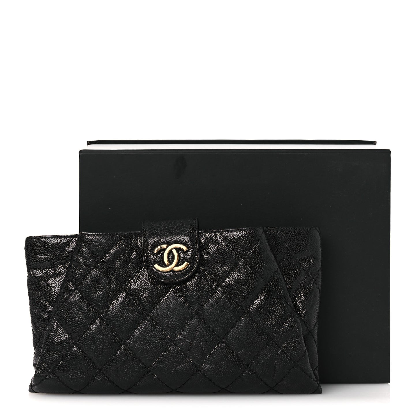 Crumpled Grained Calfskin Quilted Coco Pleats Clutch Black
