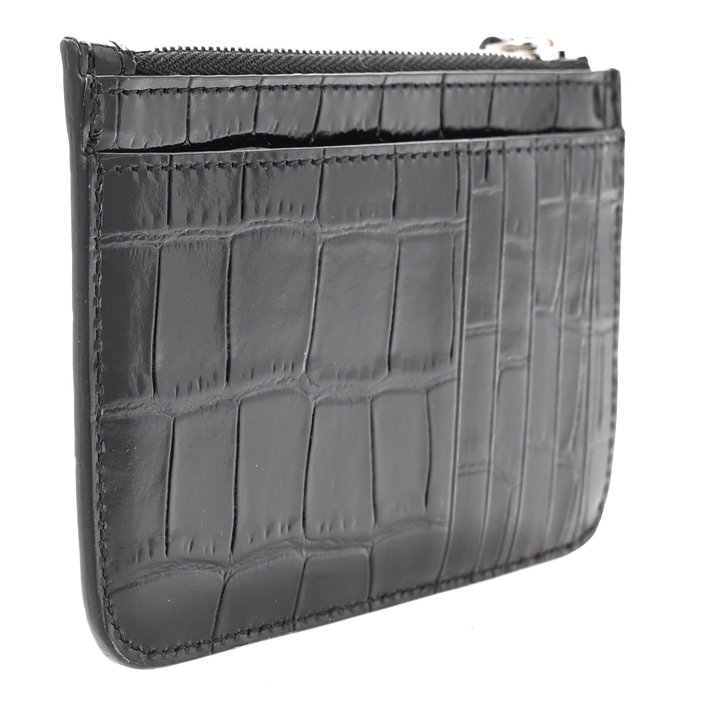 Shiny Calfskin Logo Crocodile Embossed Large Cash Long Coin Card Holder Black