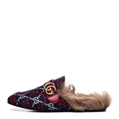 Gucci Canvas GG Monogram Diamond Fur Web GG Mens Princetown Slippers 8 Midnight Blue Hibiscus Red 1 of 9