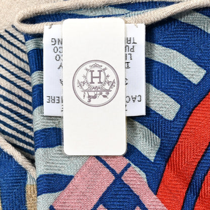 Hermes Cashmere Silk Cheval Vague Giant Pointe Triangle Scarf Bleu Rouge Rose 2 of 6