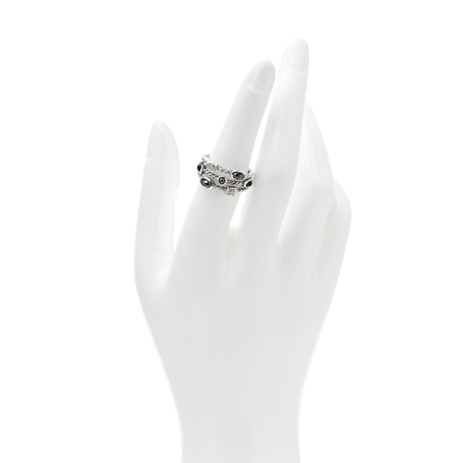 David Yurman Sterling Silver Diamond Black Onyx Hematine Confetti 3 Row Ring 54 6.75 2 of 4