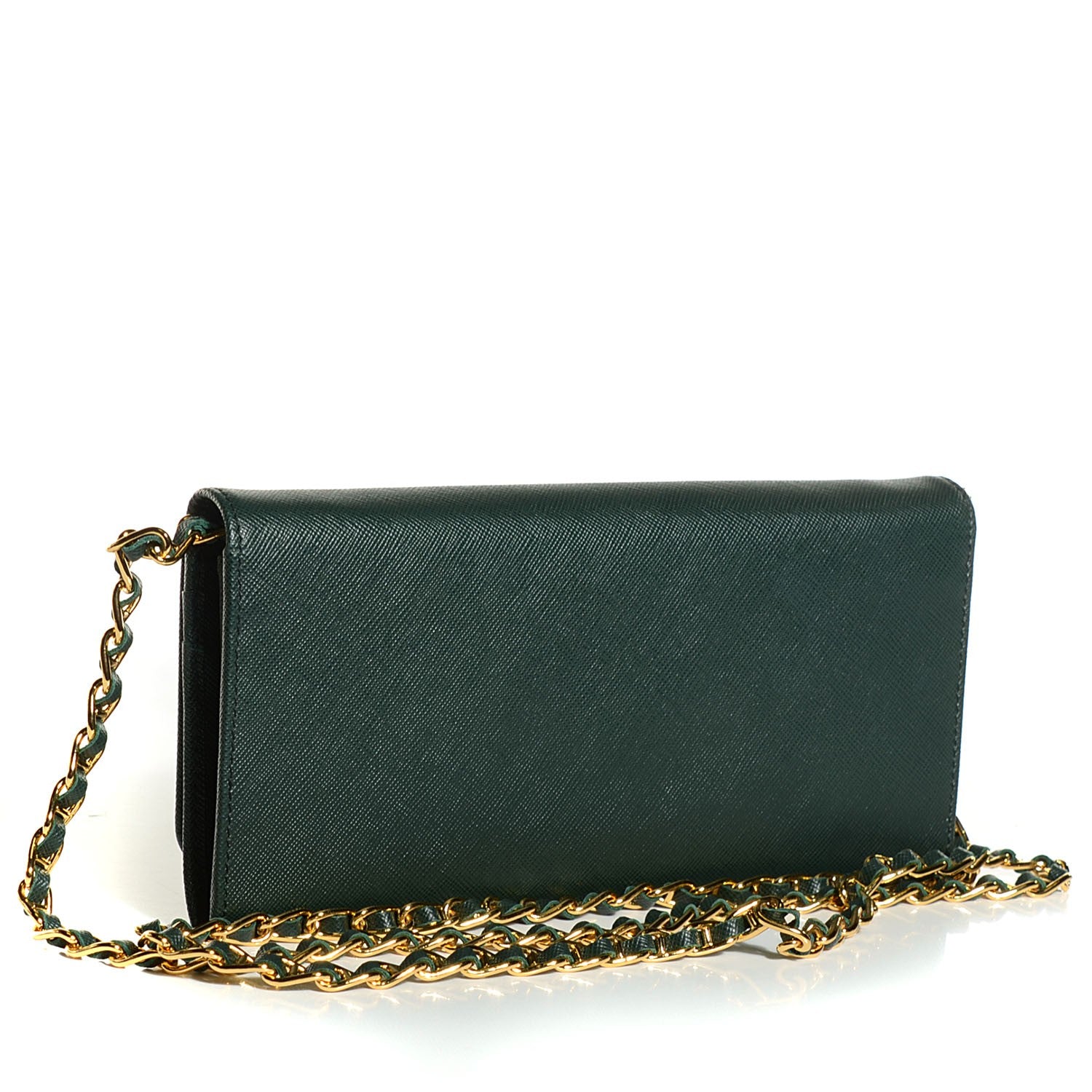 Prada Saffiano Metal Oro Chain Wallet Smeraldo 3 of 10
