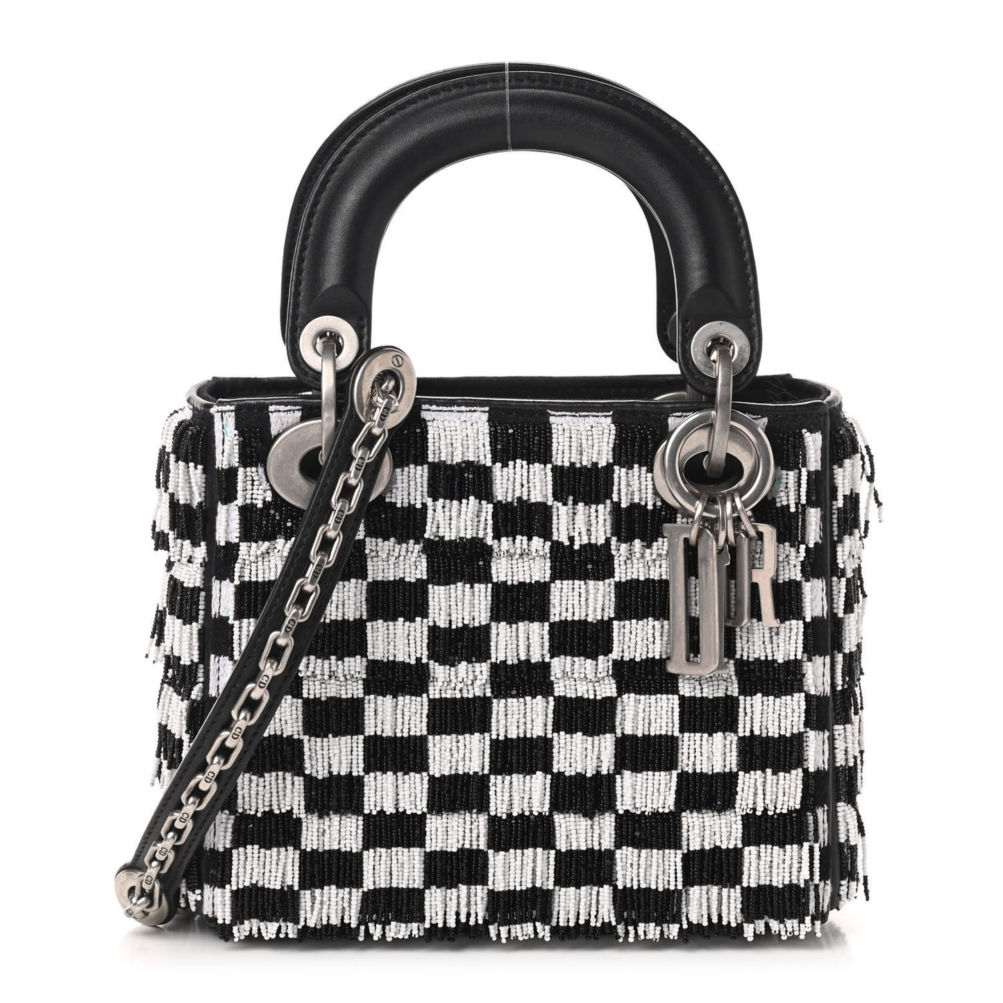 Calfskin Beaded Fringe Checkered Mini Lady Dior Black White