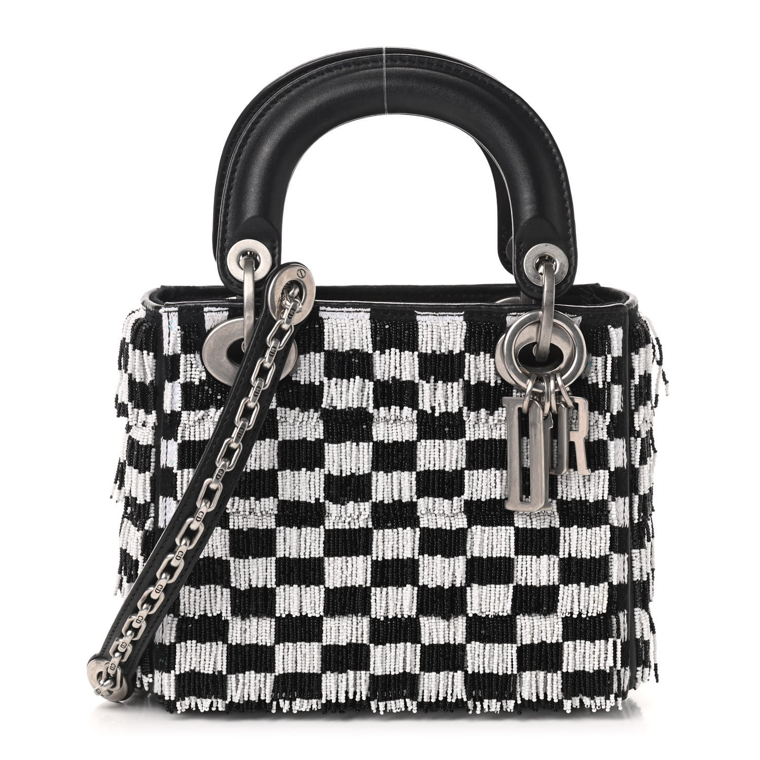 Christian Dior Calfskin Beaded Fringe Checkered Mini Lady Dior Black White 1 of 8