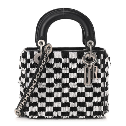 Christian Dior Calfskin Beaded Fringe Checkered Mini Lady Dior Black White 1 of 8