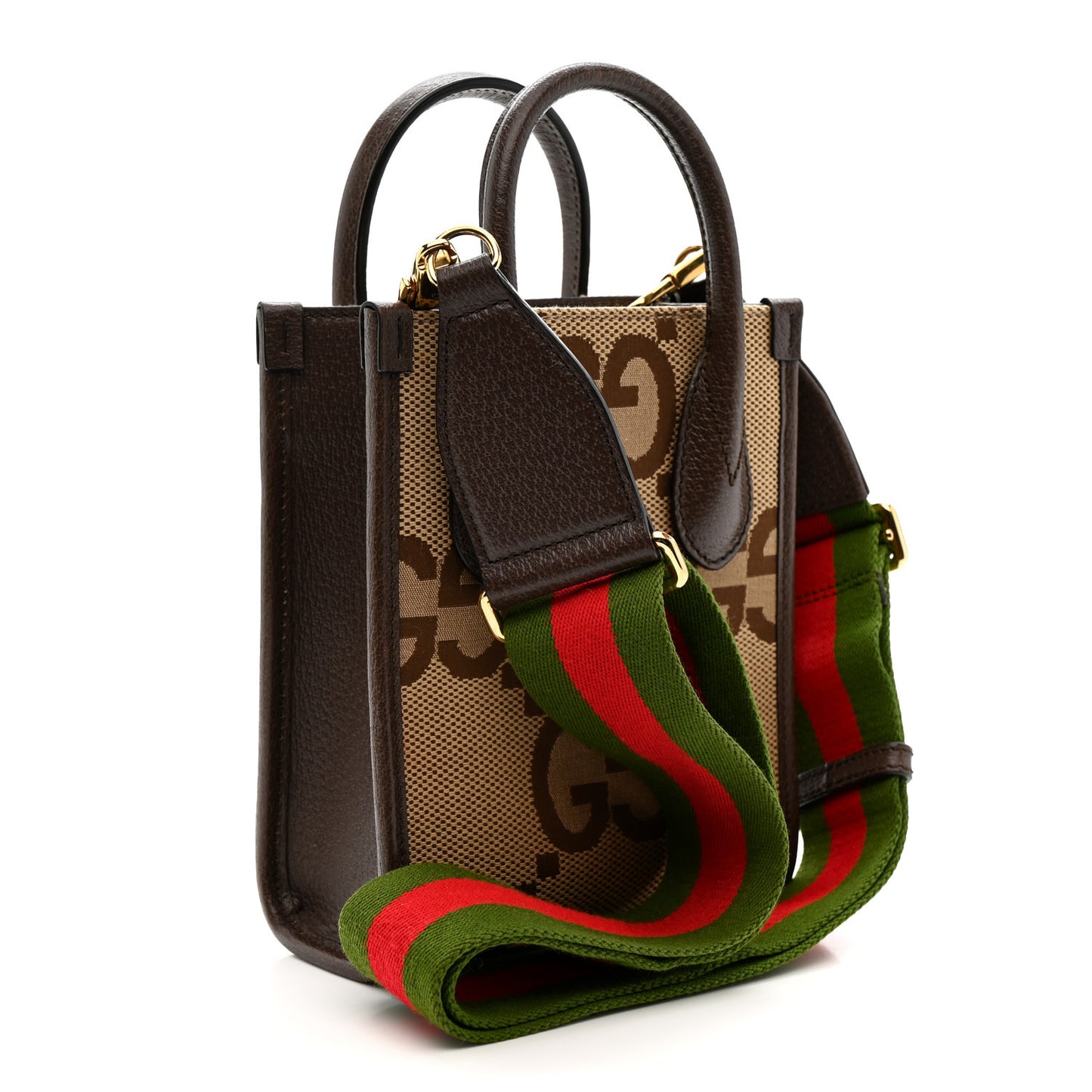 Monogram Jumbo GG Textured Dollar Calfskin Web Mini Vertical Tote Camel Ebony New Acero