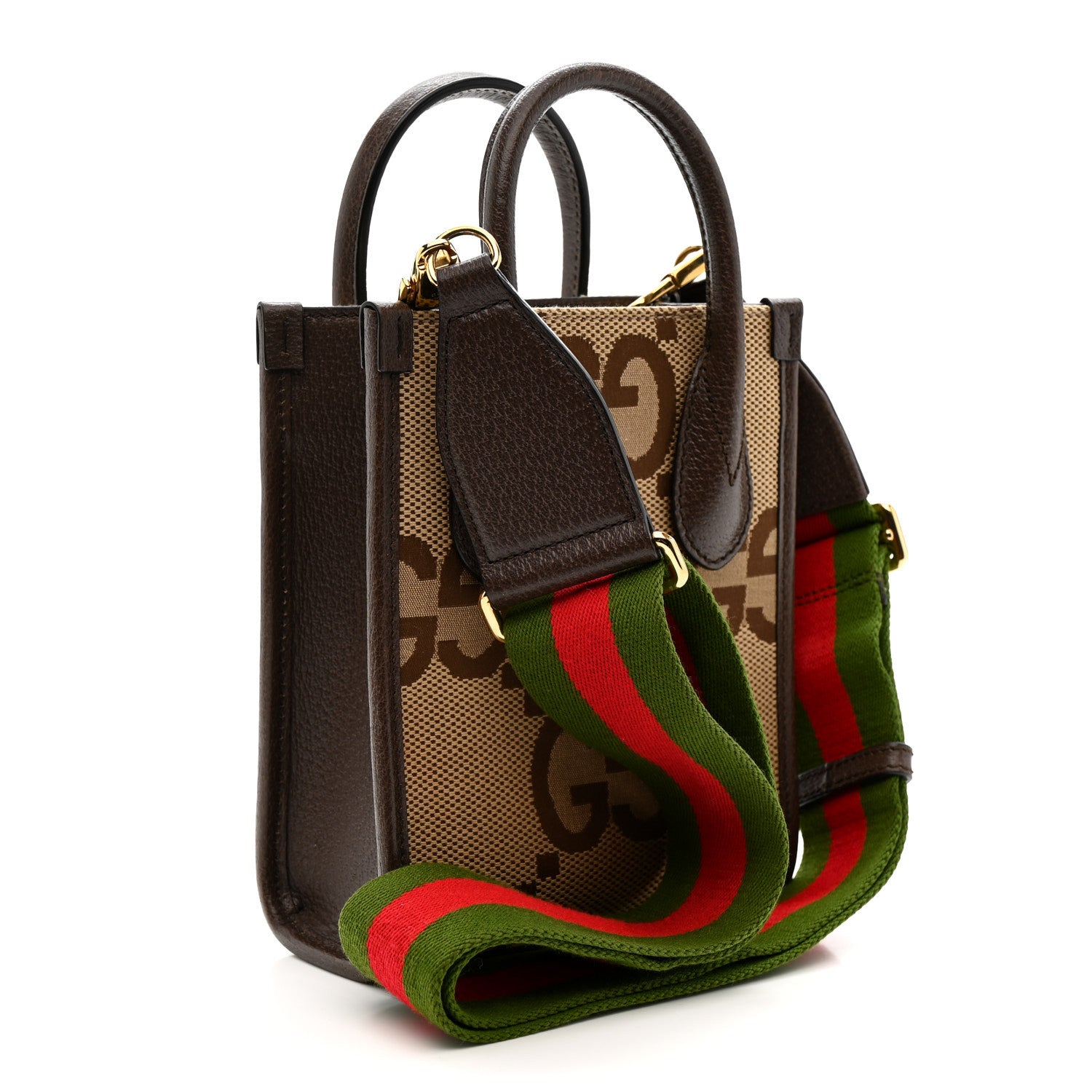 Gucci Monogram Jumbo GG Textured Dollar Calfskin Web Mini Vertical Tote Camel Ebony New Acero 3 of 11