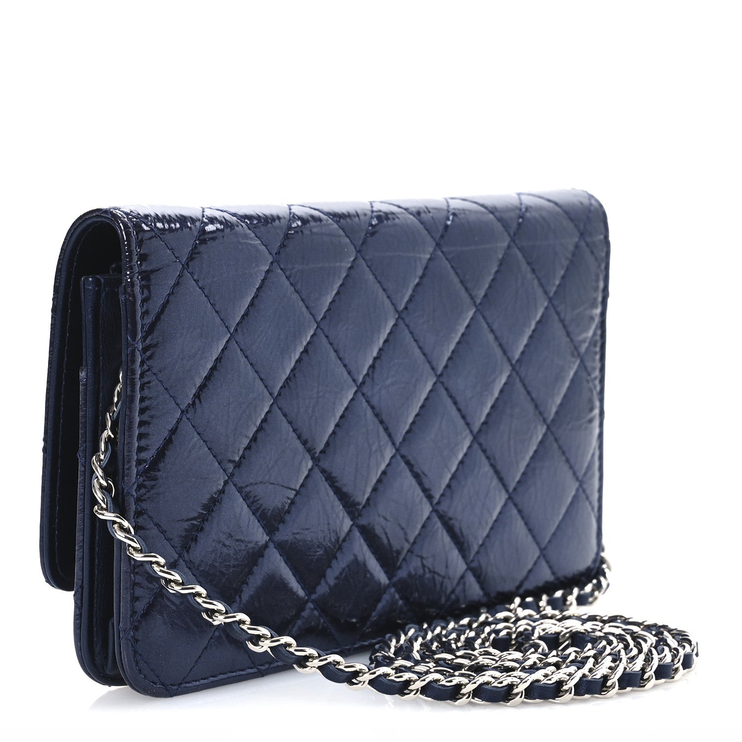 Chanel Patent Metallic Crumpled Calfskin Quilted Wallet On Chain WOC Navy 3 of 11